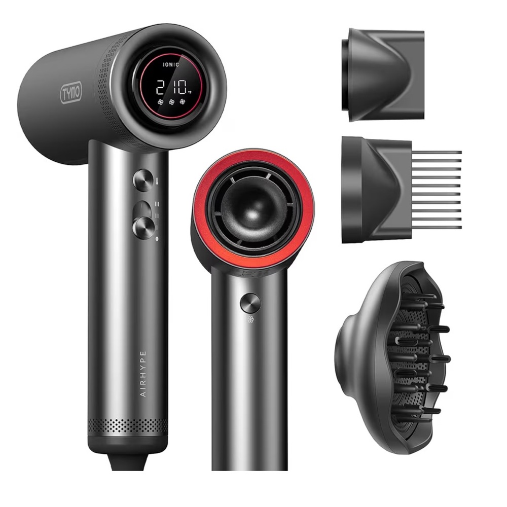TYMO Gray Ionic Hair Dryer with Red Accent - Powerful Fast-Dry Performance